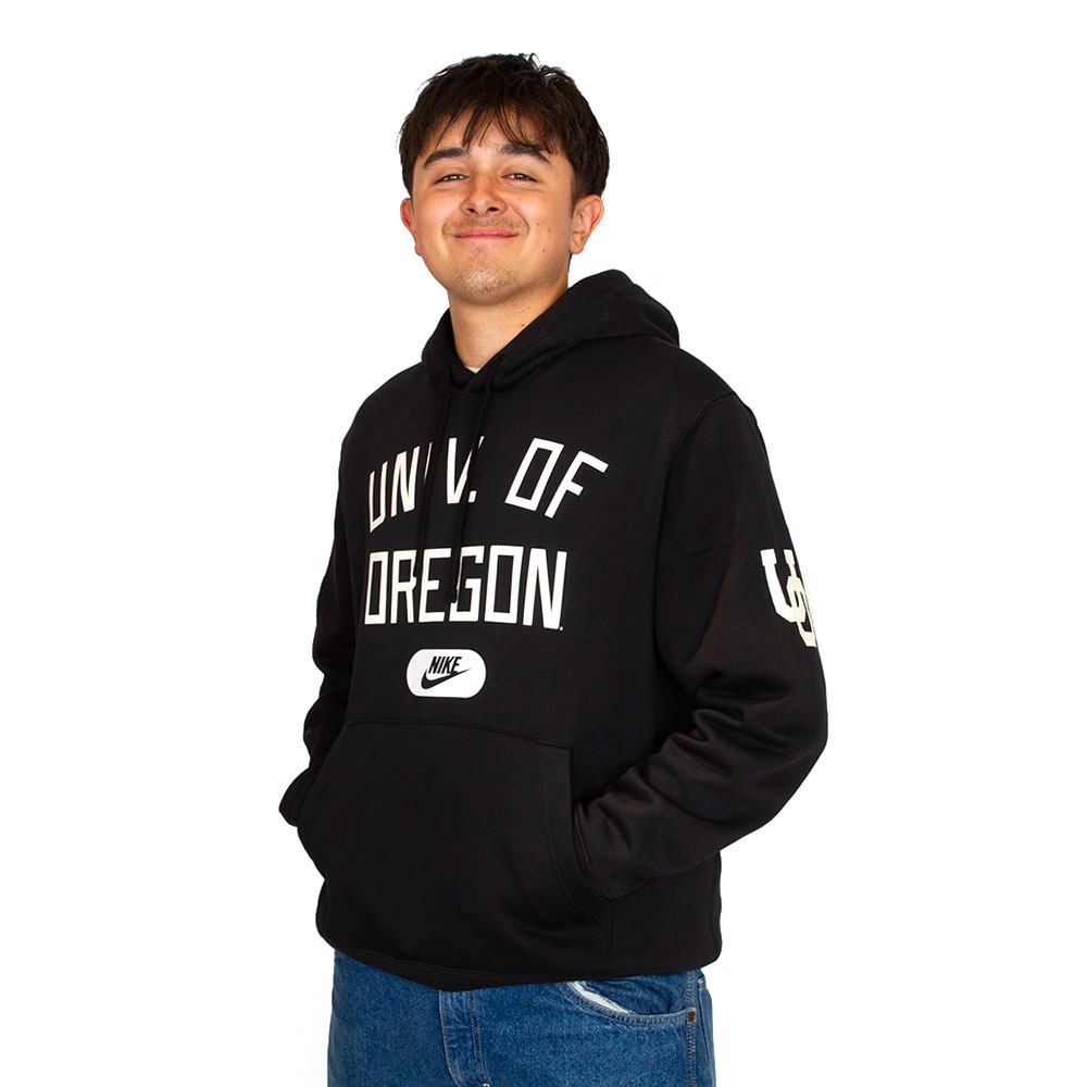 Interlocking UO, Nike, Black, Hoodie, Cotton Blend, Men, Fleece, Natural, Sweatshirt, Pullover, 966672